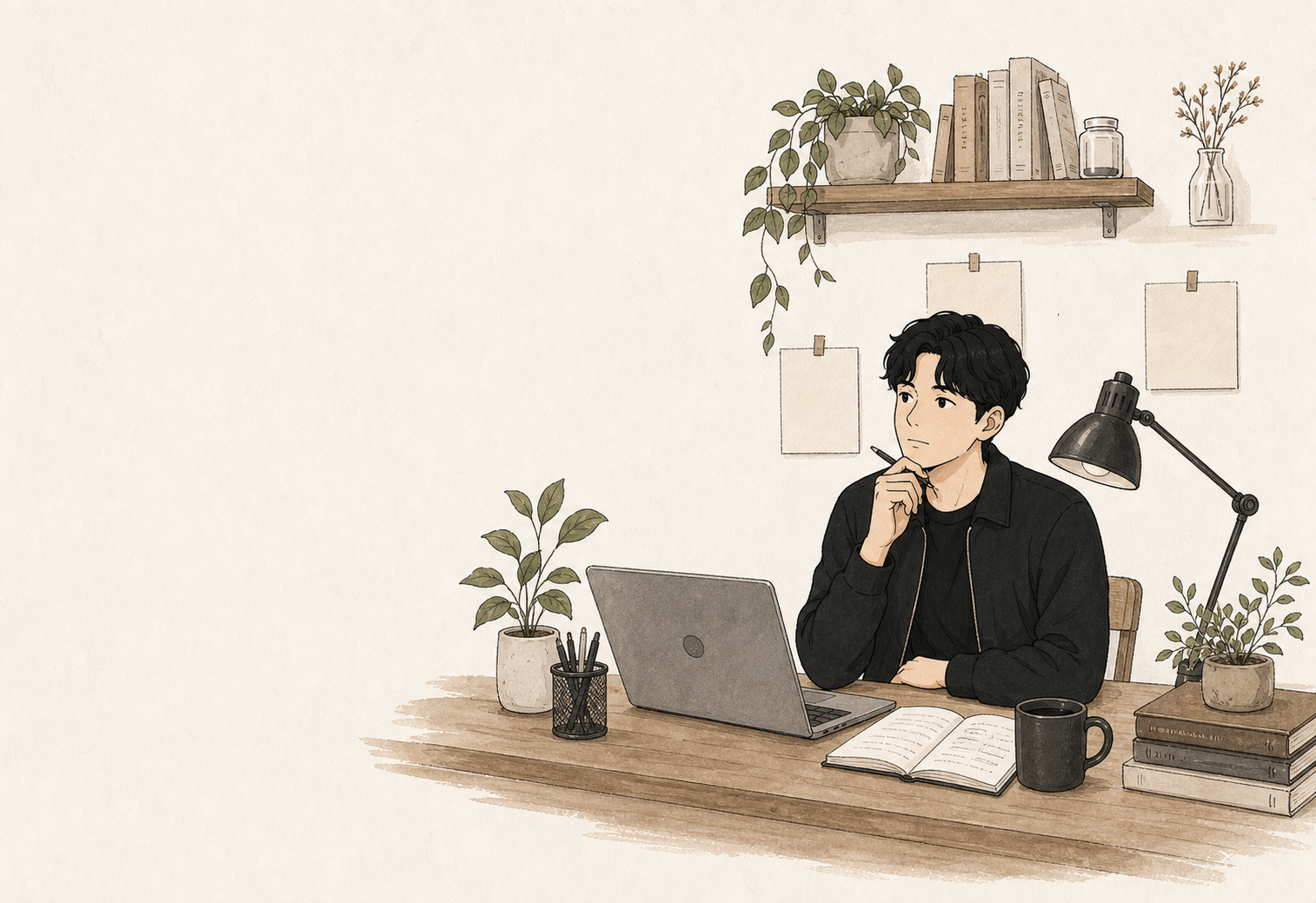 植物と本棚のあるデスクでAI開発に取り組むJun Studioの手描き風イラスト