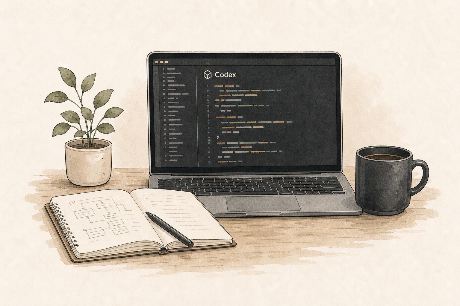 Codexロゴが表示されたコードエディタとノートパソコンの手描き風イラスト