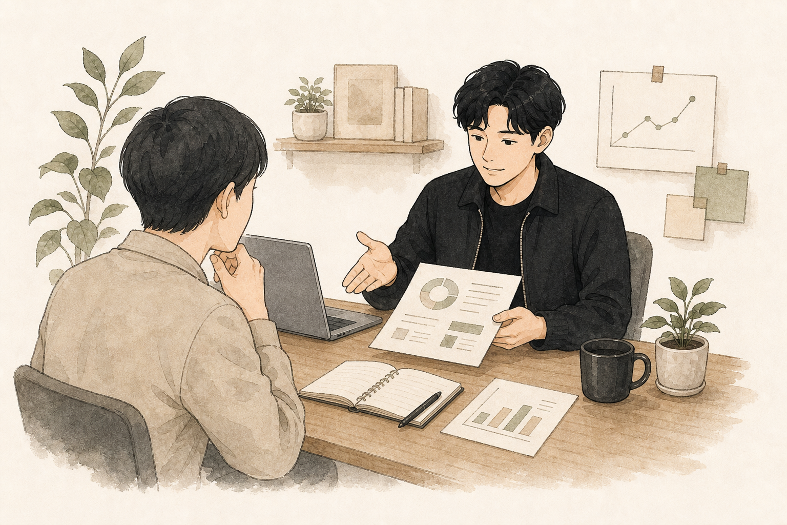 AI副業伴走の提案資料を顧客に説明している手描き風イラスト